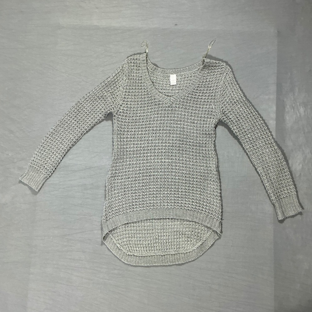 Bongo Womens Grey Open Knit V-Neck High Low Pullover Sweater Size Large